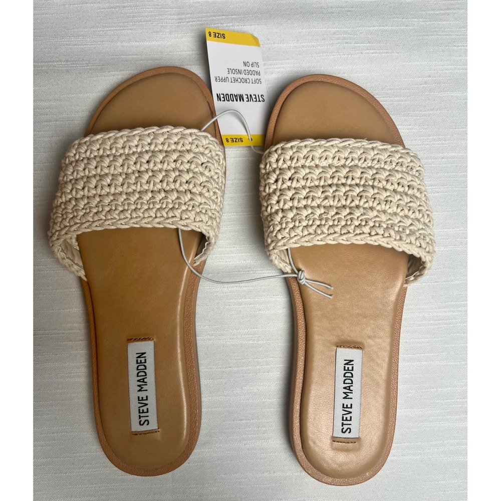 Steve Madden Tannah Crochet Slide Sandals Natural Cream Tan Flat Slip On Women 8 - Picture 7 of 10